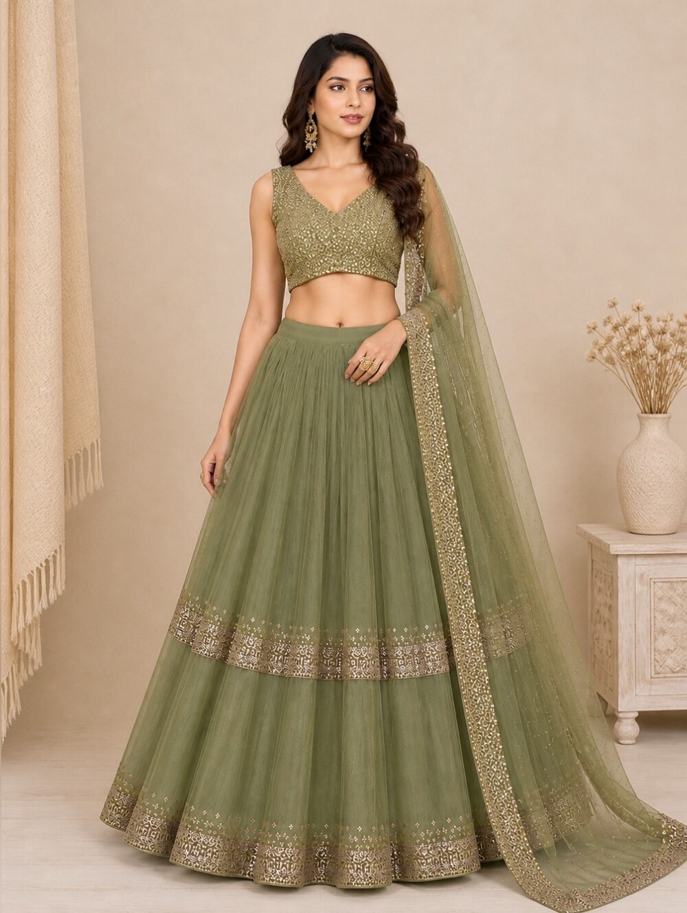 Olive Green Gorgette With Sequined Work Lehenga Choli